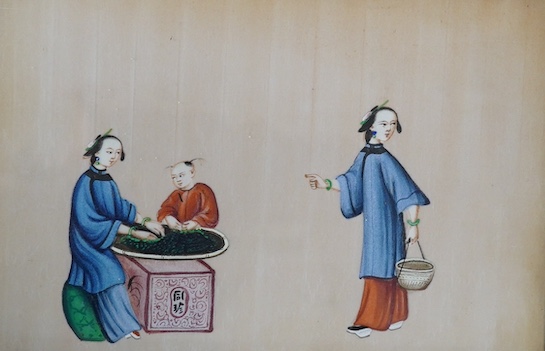Chinese School, set of three pith paper paintings, Tradesmen and figures, 17 x 24cm. Condition - fair, some discolouration throughout